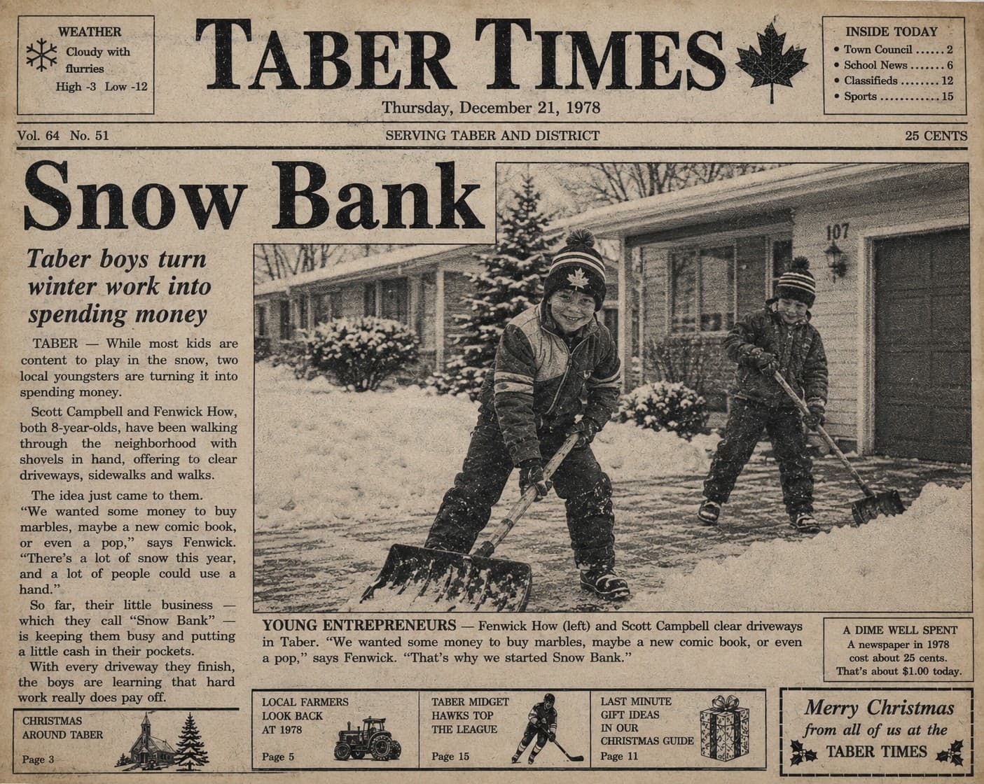 A December 1978 Taber Times front page headlined “Snow Bank”, with a photograph of two eight-year-old boys shovelling a driveway